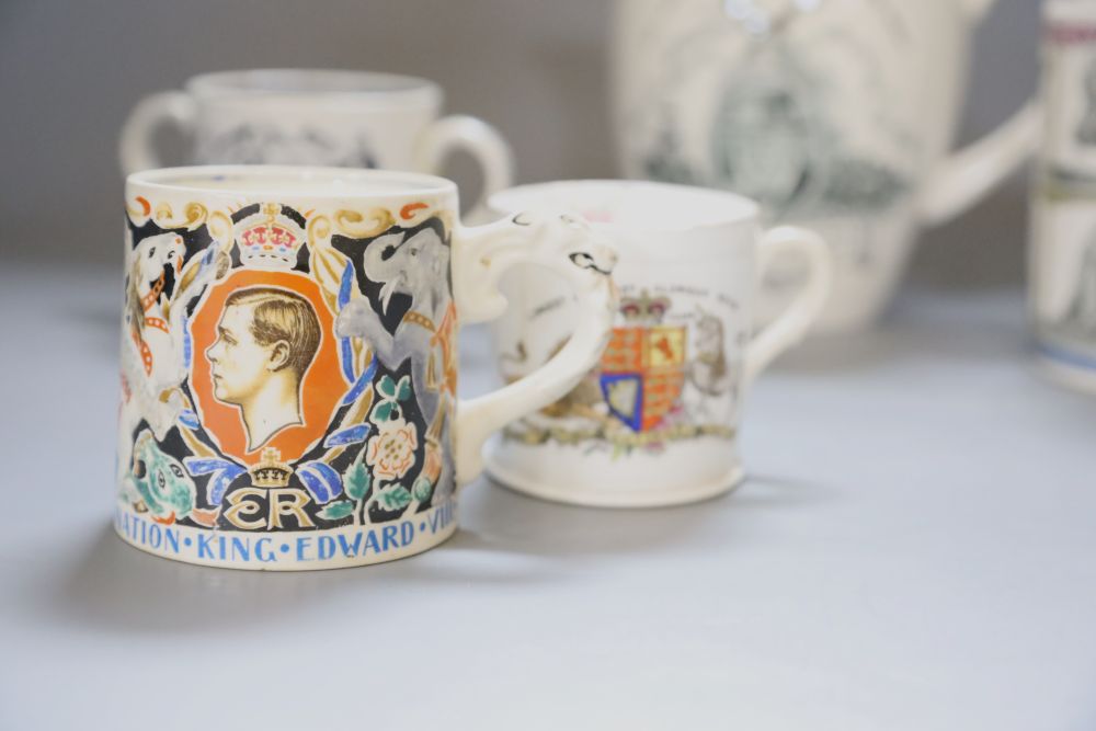 Commemorative ceramics including Coronation mug, 1937, designed by Dame Laura Knight, 8cm and a Copeland Spode Churchill jug, 16cm (6)